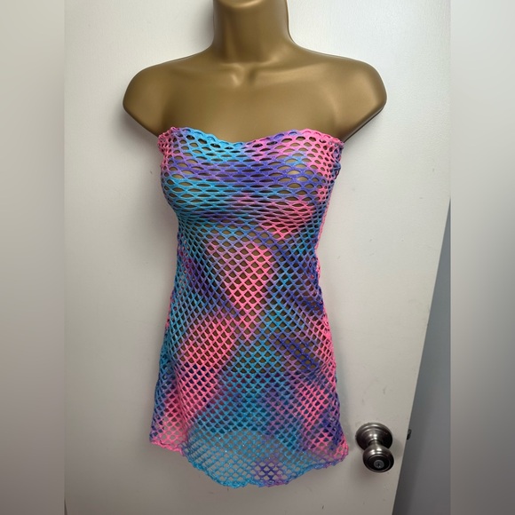 Adriana Sahar Pink Blue Purple Flecks Of Glitter Fishnet Tube Stretch Dress - Picture 1 of 14